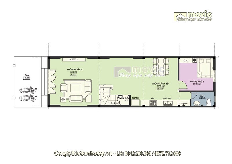 Mặt bằng thiết kế tầng 1 mẫu nhà phố 5x20m 3 tầng