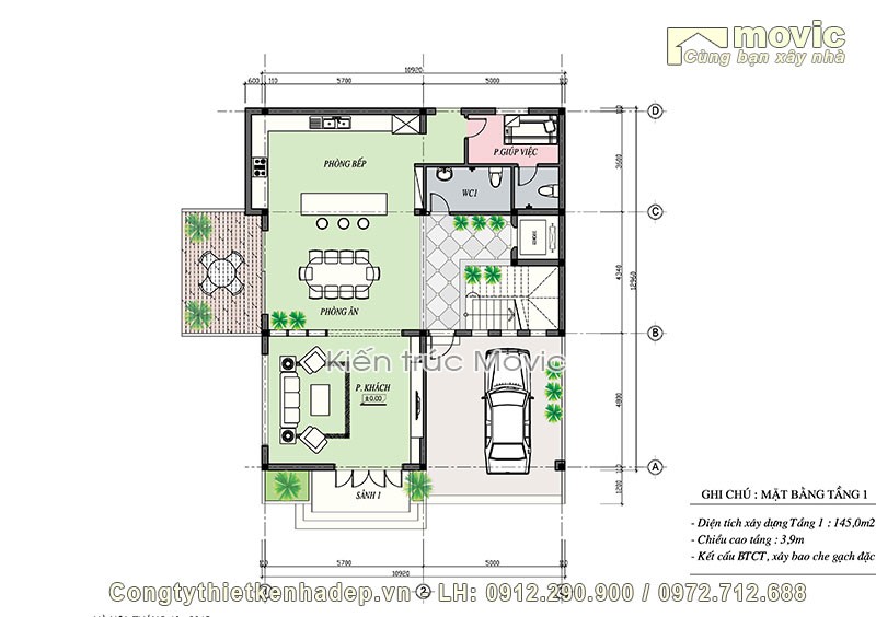 Mặt bằng tầng 1 trong biệt thự hiện đại 4 tầng mái thái