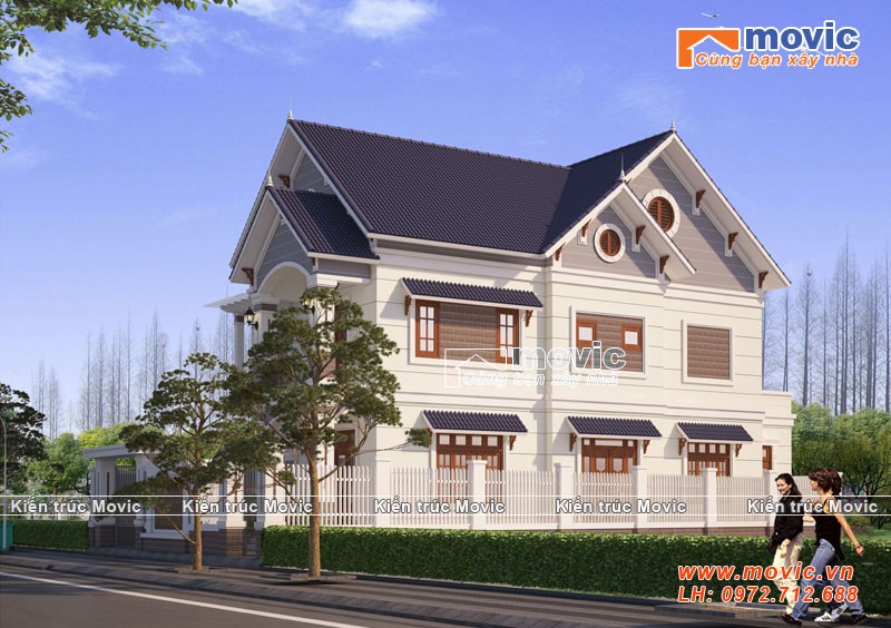 Mẫu nhà 2 tầng hiện đại đẹp mái thái với 05 phòng ngủ