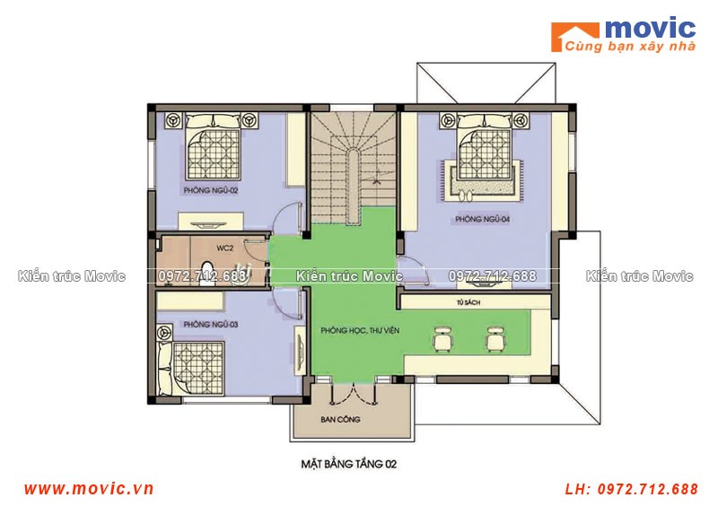 Mặt bằng tầng 2 mẫu nhà hiện đại 3 tầng mái thái đẹp sang trọng